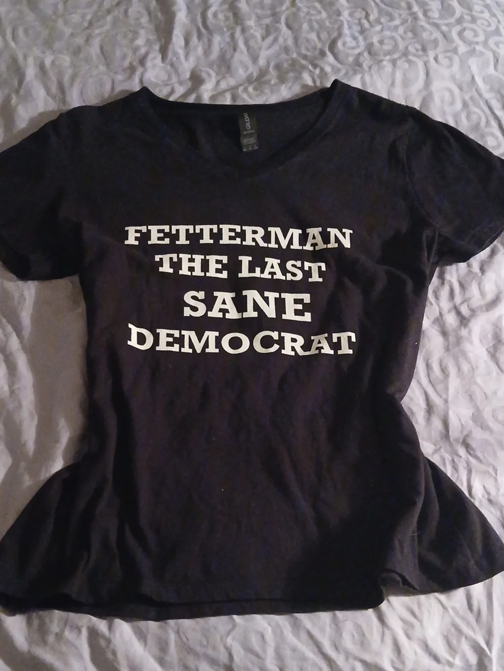 Gildan Black V-Neck Tee with White Political Text